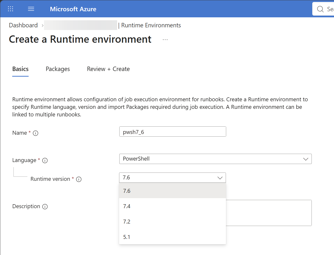 Create a Runtime environment wizard with PowerShell selected and runtime version 7.6