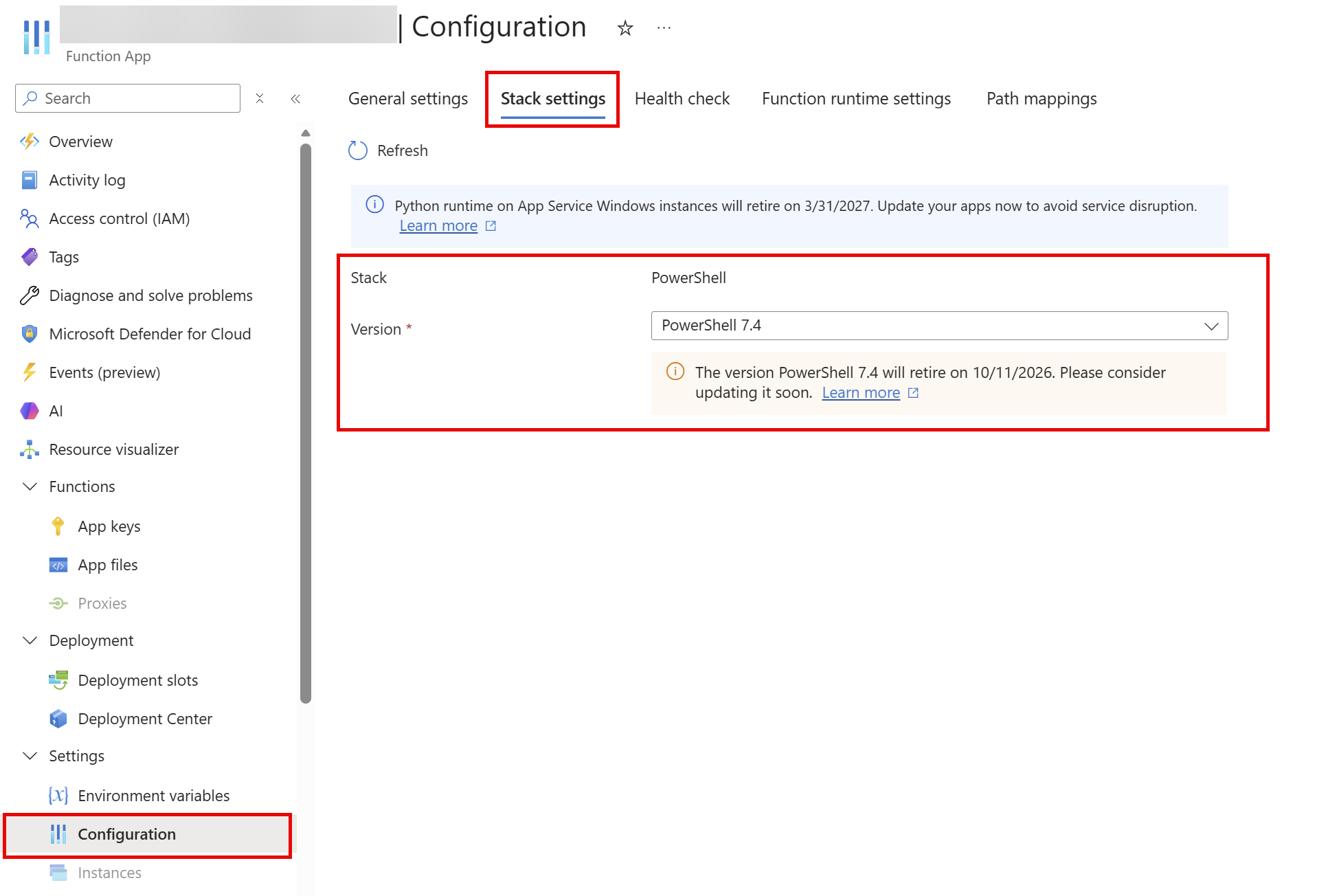 Function app configuration, Stack settings tab with PowerShell 7.4 selected and a retirement warning